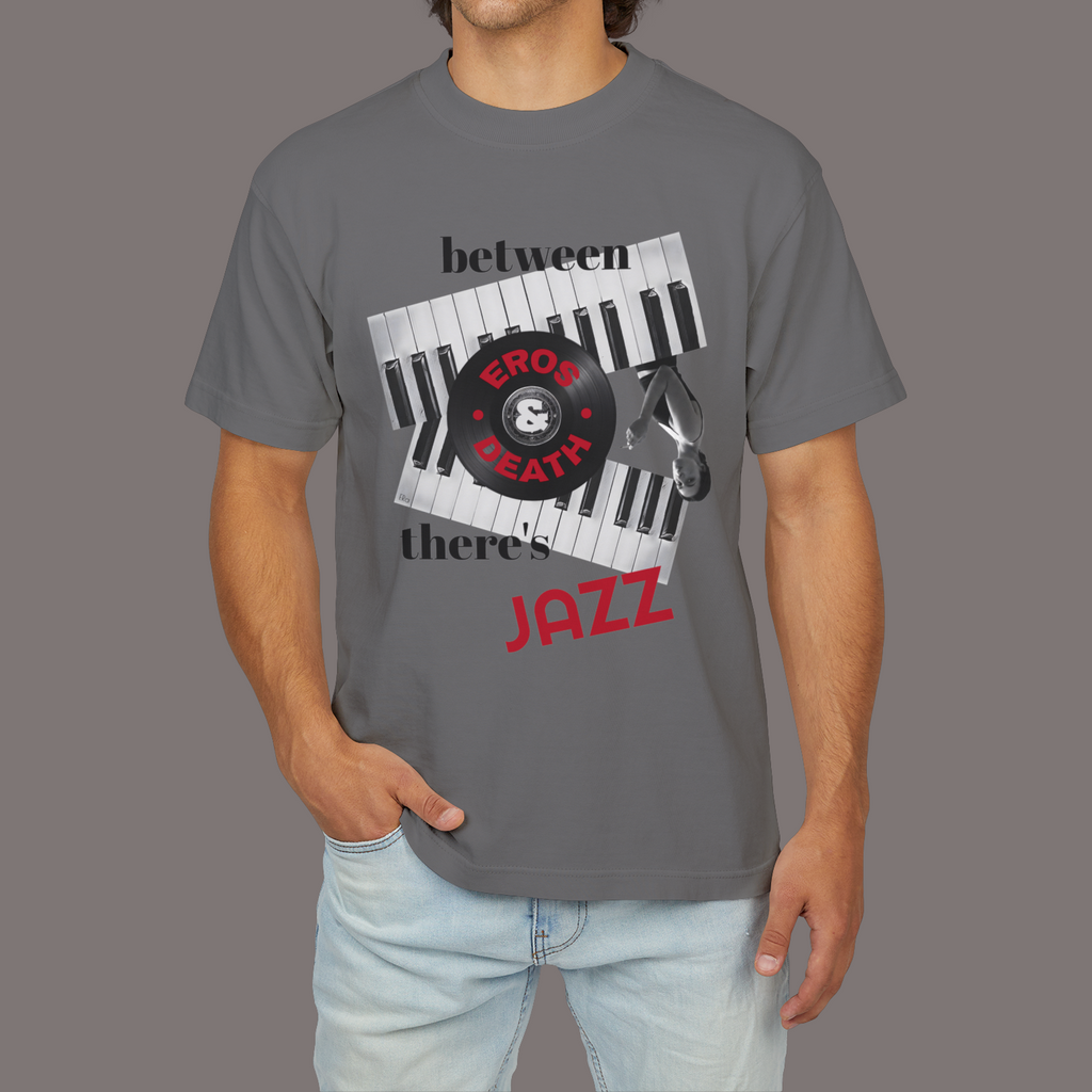 Between Eros and Death, There’s Jazz | Unisex 7.5oz Heavyweight Boxy Art Tee | Designer Graphic Shirt